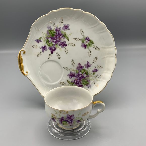 Vtg Violet China Snack Lunch Scallop Edge Plate Footed Cup 1930 Grannycore Japan - Picture 1 of 10